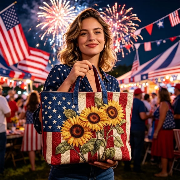 Tuvgenk 4th of July Quilted Tote Bag for Women Sunflower American Flag Shoulder Handbag Large Capacity Carryall Bag