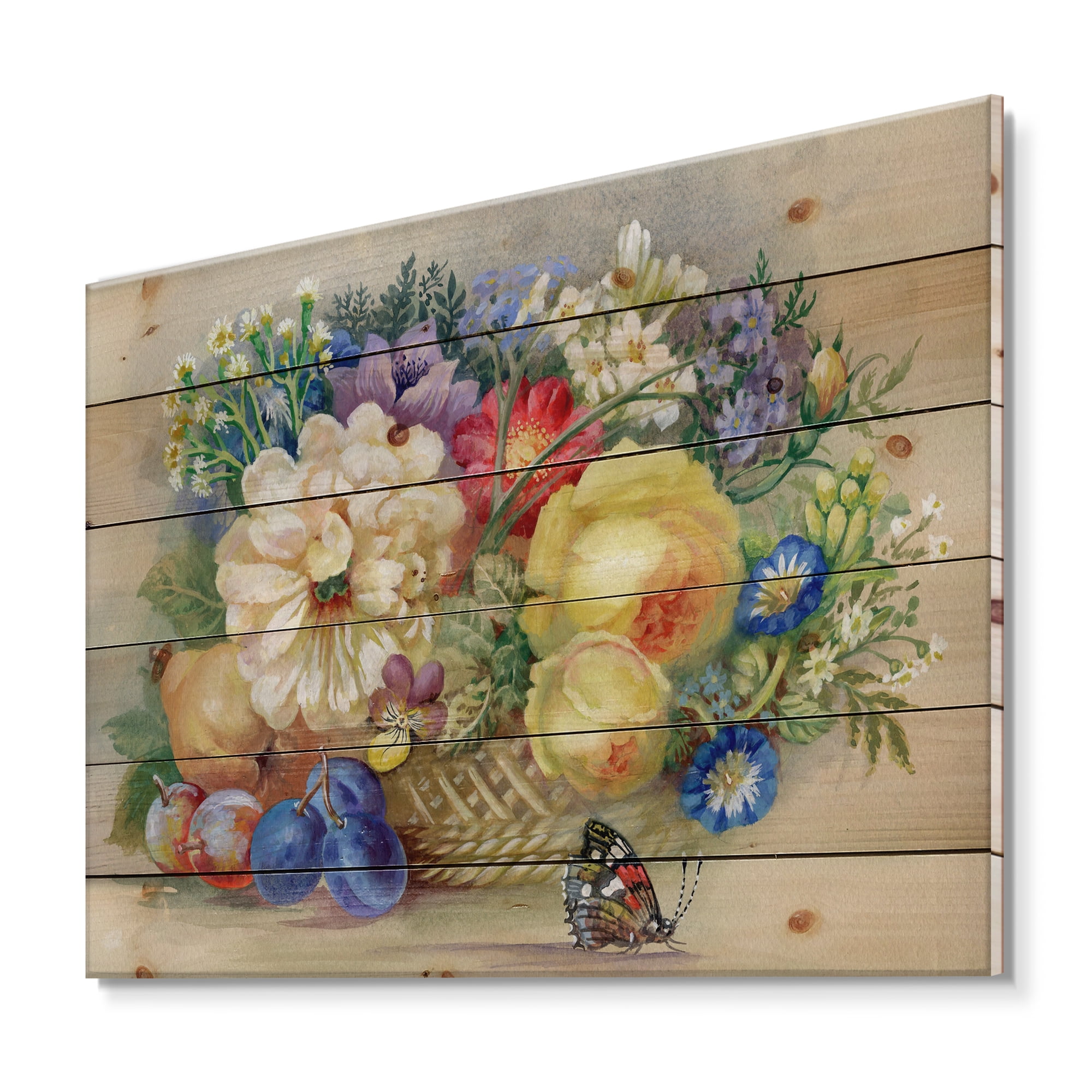Designart 'Vintage Still Life Of White and Yellow Flowers' Traditional Print on Natural Pine Wood