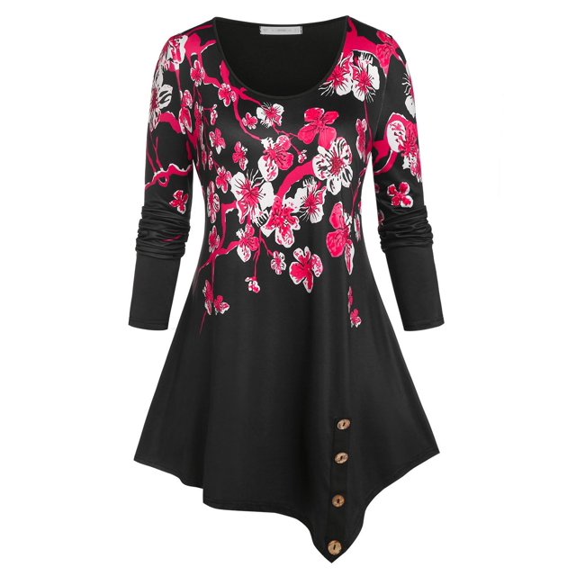 Talla grande Peach Blossom Print Thirt asimétrico Rosegal Mangas largas de talla grande