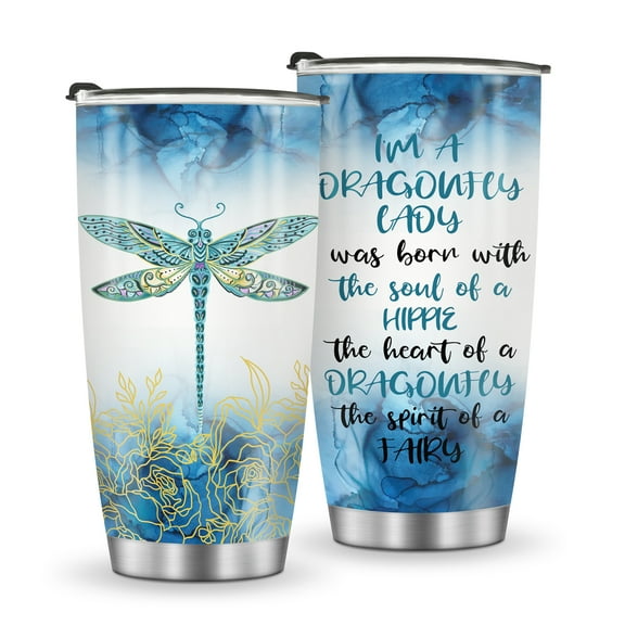 Jekeno A Dragonfly Lady - Gifts for Mom Wife Girlfriend Daughter - Tumbler Stainless Steel Uplifting Traval Mugs For Women Novelty Dragonfly Lover Gifts Birthday Present - Insulated Cups Gift For Her
