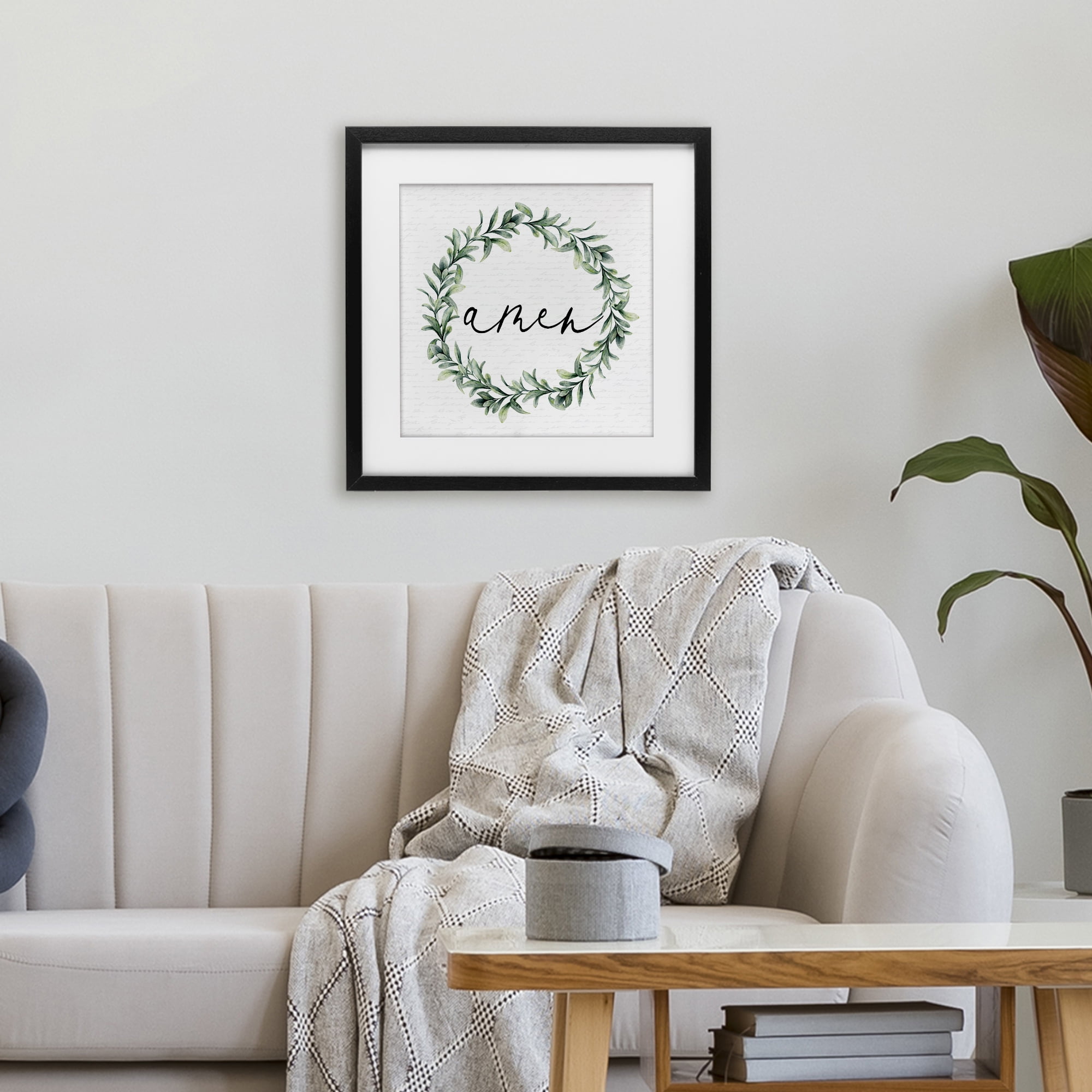 Amen Botanical Wreath & Script Black Framed Print Under Glass, design by Lettered and Lined