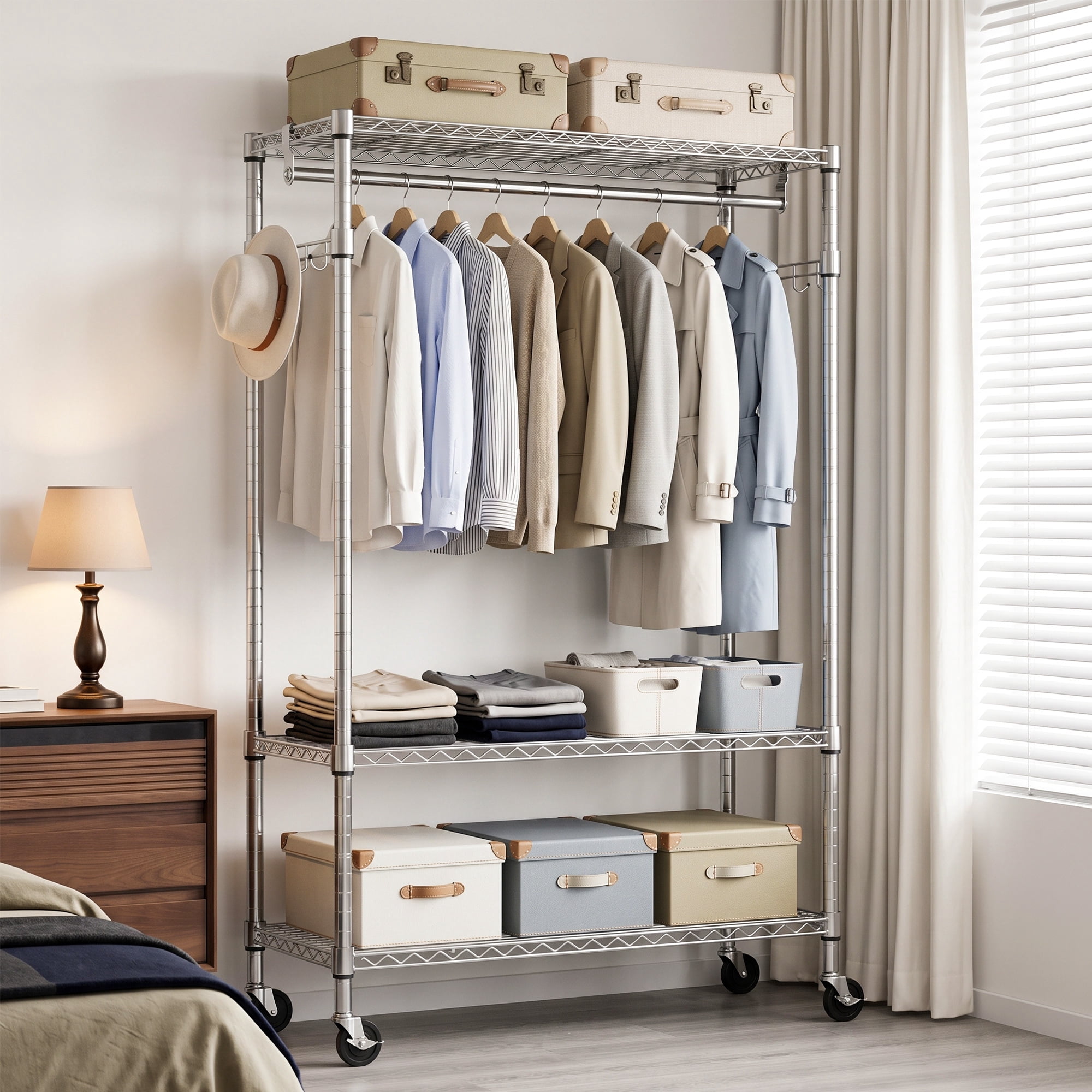 Leumius Heavy Duty Rolling Garment Rack, 3 Tiers Adjustable Wire Shelving Clothes Rack with Rods and Side Hooks,Storage Closet Clothing Rack with Wheels for Laundry Room Bedroom Cloakroom Chrome