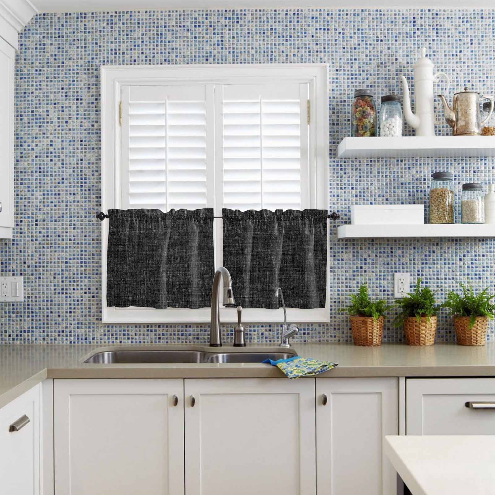 Black Half Window Curtain 36 Inches Long, Farmhouse Burlap Solid Black Color Modern Linen Texture Window Treatment Curtain Drapes, Small Tier Curtains for Bathroom Over Sink, 27.5"x36", 2 Panels