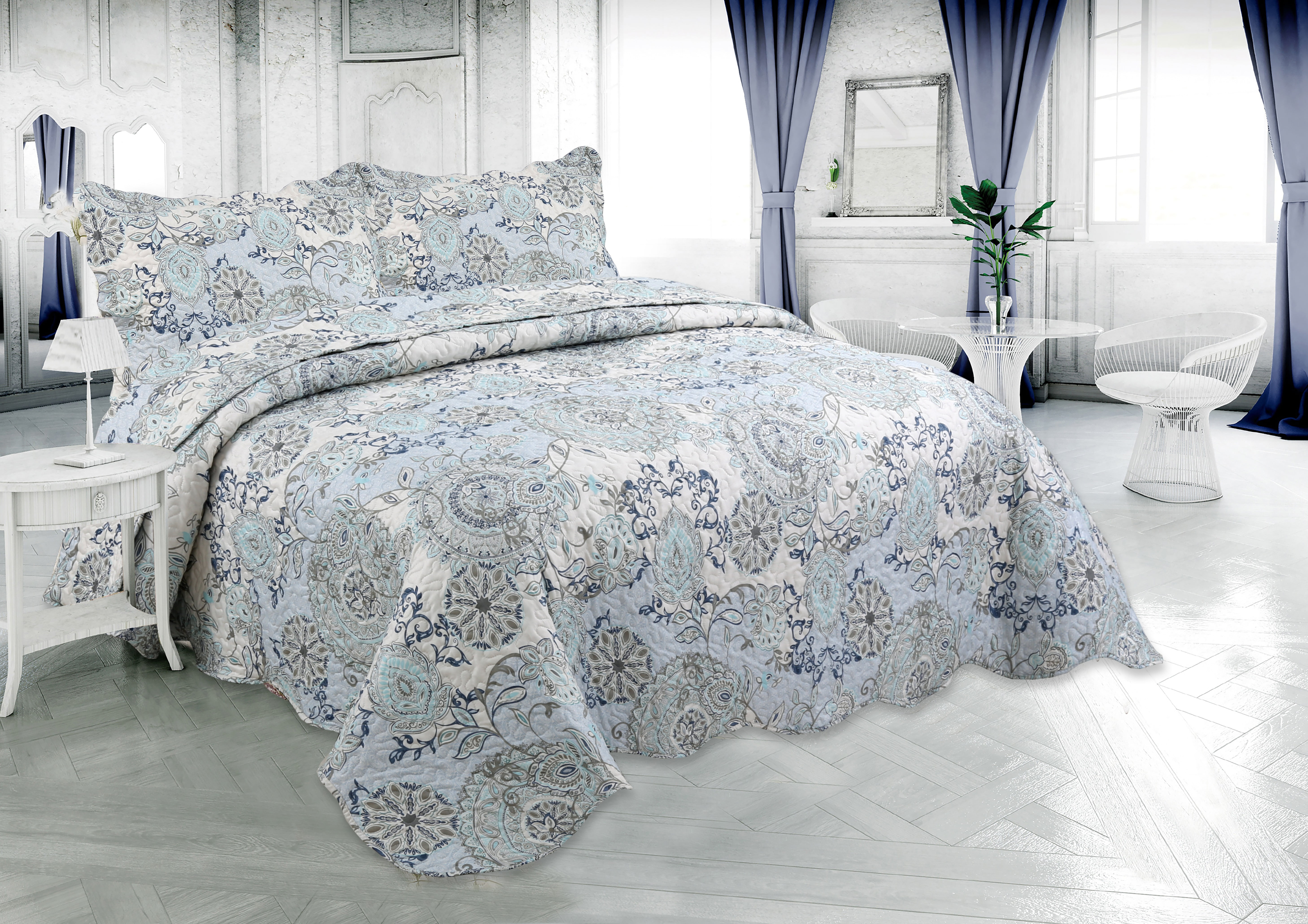 Marina Decoration Rich Printed Stitching Coverlet Bedspread Ultra Soft Summer Bedding Quilt Set with Quilted Sham, Blue Branch Damask Mandala Floral Pattern