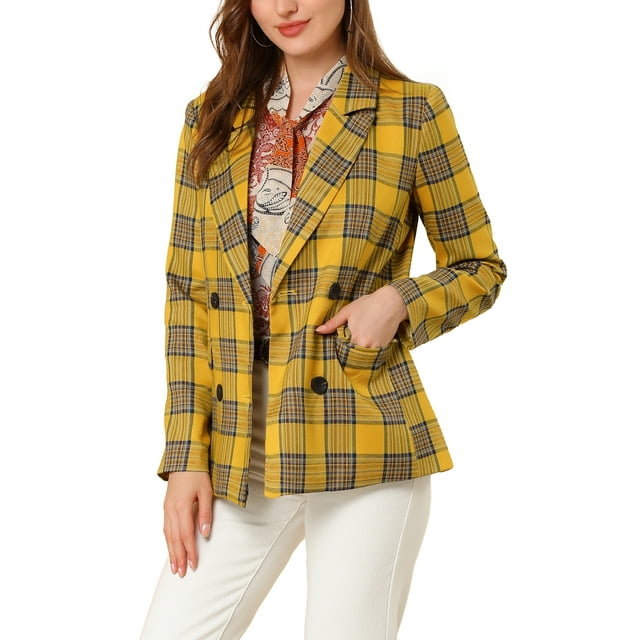 INSPIRE CHIC Women's Jacket Notched Lapel Double Breasted Padded Shoulder Blazer S Yellow