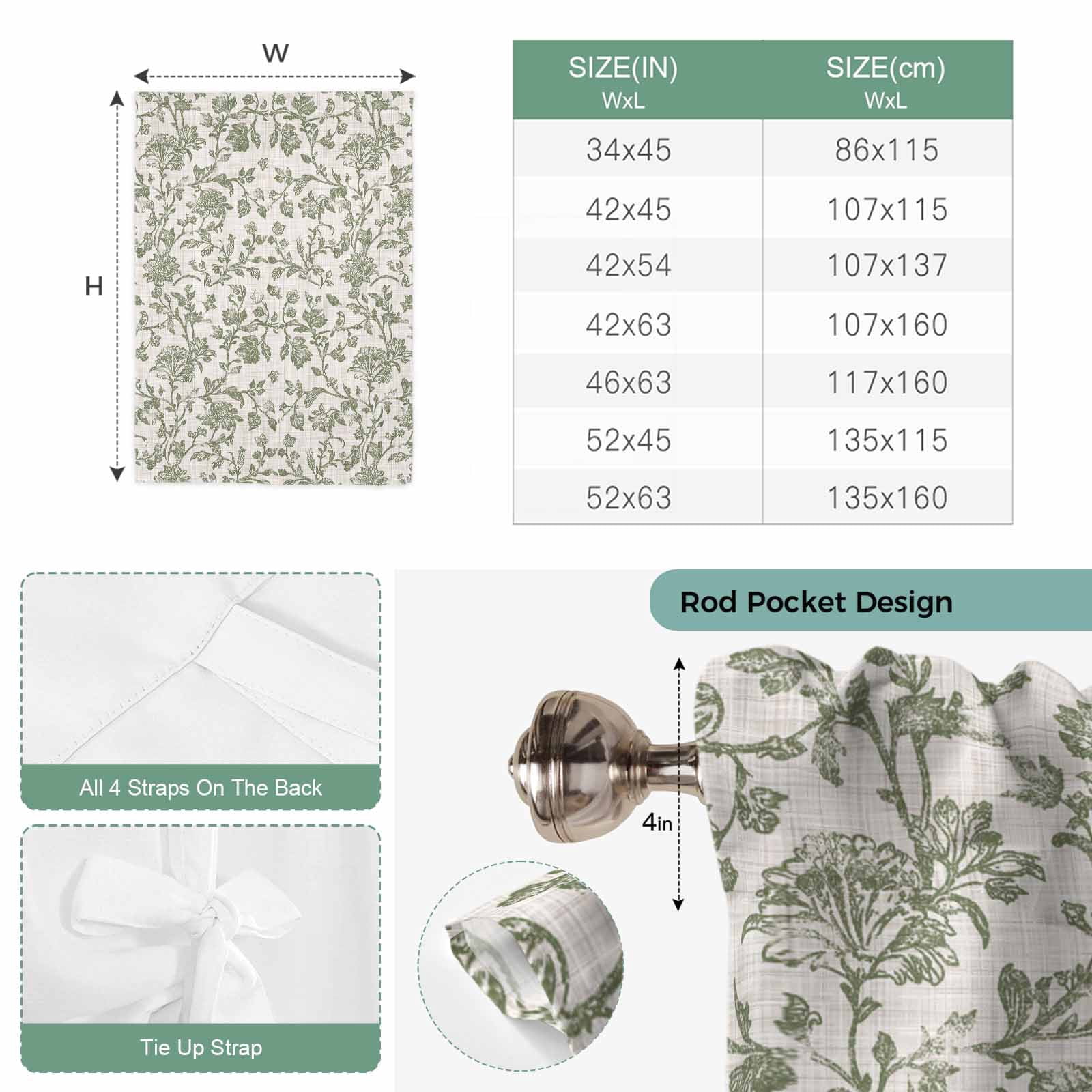 Pastoral Flowers Tie Up Curtains, Green Flower Vintage Linen Texture Adjustable Rod Pocket Balloon Curtains Light Blocking Window Treatment for Kitchen Living Room Bedroom, 34 × 45 In