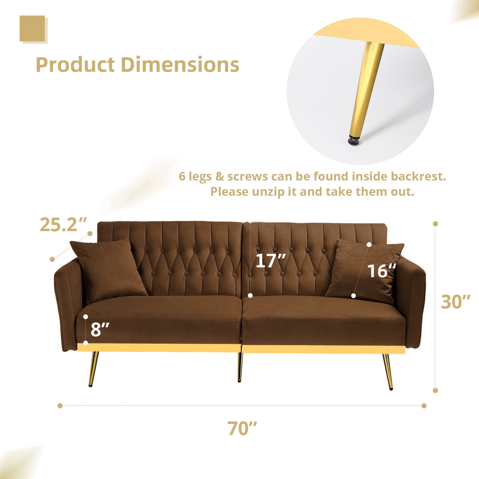 ACMEASE 70” Velvet Futon Sofa Bed with Adjustable Armrests and 2 Pillows, Convertible Futon Couch, Brown