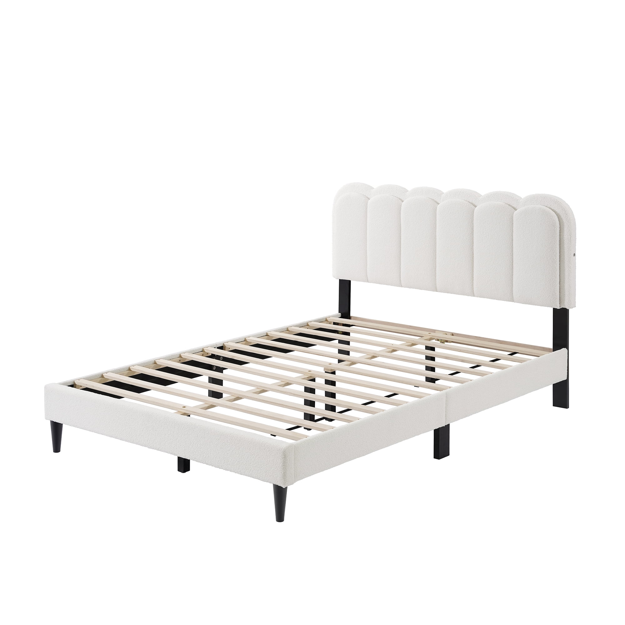 Mintazer Queen Size Upholstered Platform Bed Frame with Scalloped Tufted Headboard and LED Light, Boucle Bed for Bedroom, No Box Spring Needed, White