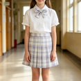 thumbnail image 4 of Coerni Girls Preppy Outfit 3PC Set Puff Sleeve Collared Shirt with Bowtie & Plaid Pleated Skirt School Uniform Clothes for 3-14Y Kids, 4 of 5