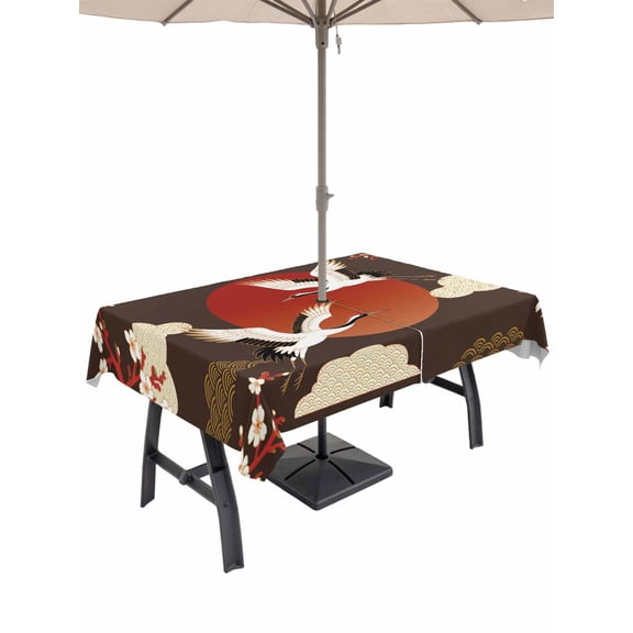Japanese Style Outdoor Tablecloth - 54x80 Inch Rectangle Dining Table Cover, Modern Cranes Cherry Flower Wave Brown Waterproof Outdoor Table Cloth with Umbrella Hole & Zipper for Picnic/Patio/Party
