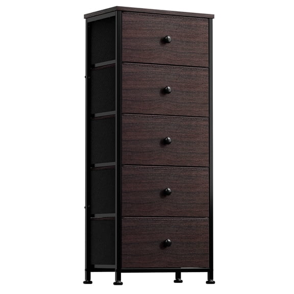 GUNAITO 5 Drawer Dresser for Bedroom Tall Narrow Chest of Drawers Fabric Storage Dresser for Adults,Brown