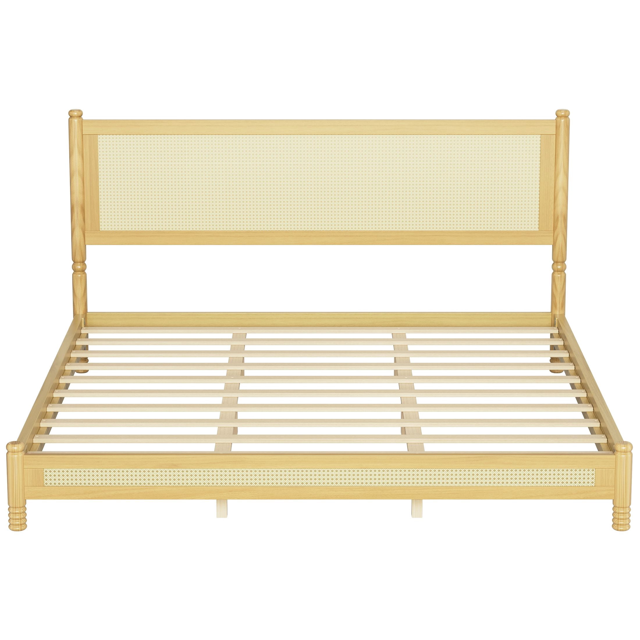 GDF Studio Annes King Size Boho Rattan Platform Bed Frame with Turned Legs, Woven Cane Pine Wood Bed Frame, Natural