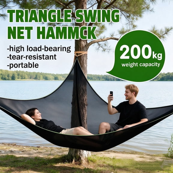 Triangle Swing Net Hammock, 4-Person Large Outdoor Hammock, 440 lbs Weight Capacity, Tear Resistant Portable Hammock for Camping Backyard Patio