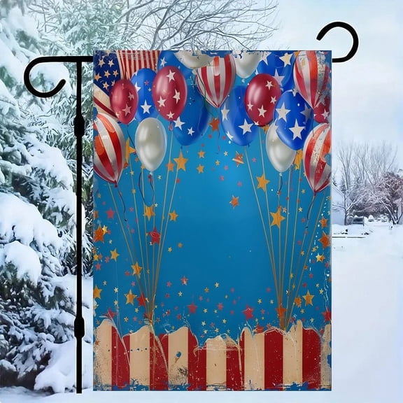RKSupls Patriotic Linen Double Sided Garden Flag, Independence Day Themed Yard Decor, Patriotic Balloons with Stars on Blue Sky Outdoor Banner for Holiday Lawn