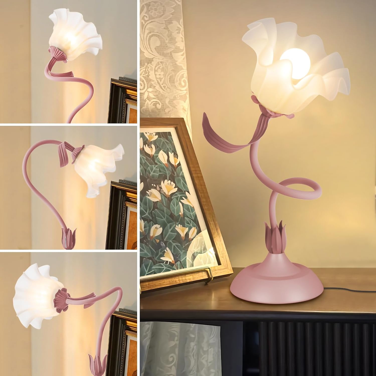 Jewelry  Flower Table Lamp,LED Reading Light Bedside Vintage Flower Night Light,3 Colors Modes Kawaii Bedside Lamps Decor,Living Room Bedroom Room Lighting Table Lamps Home Decoration(pink lamp)