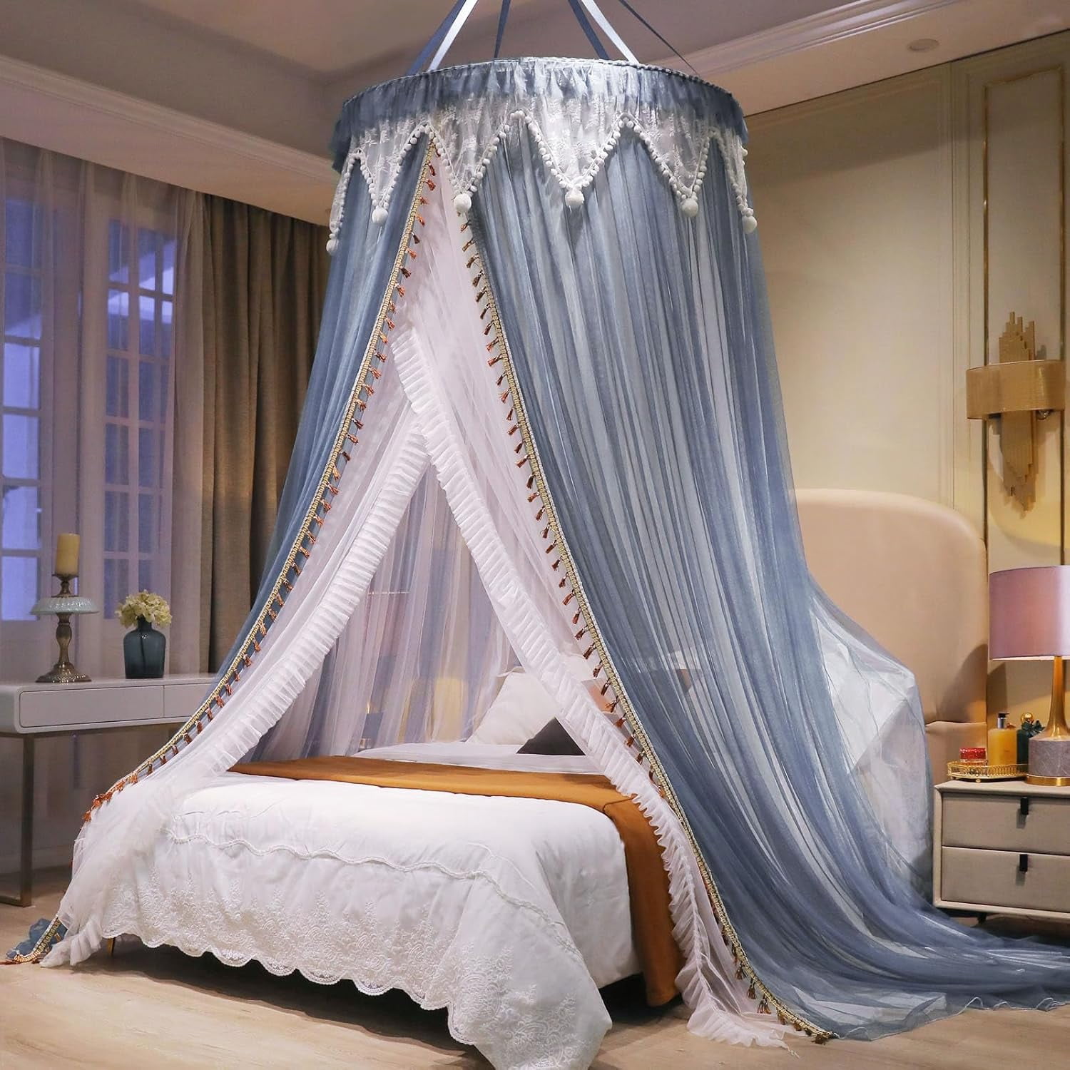 Girls and Adults Canopy Bed, Elegant Double-Layer Bed Curtain, Children's Dream Round Lace Mosquito Net, Princess Canopy Net - Fits Twin, Full, Queen, and King Beds (White/Blue)