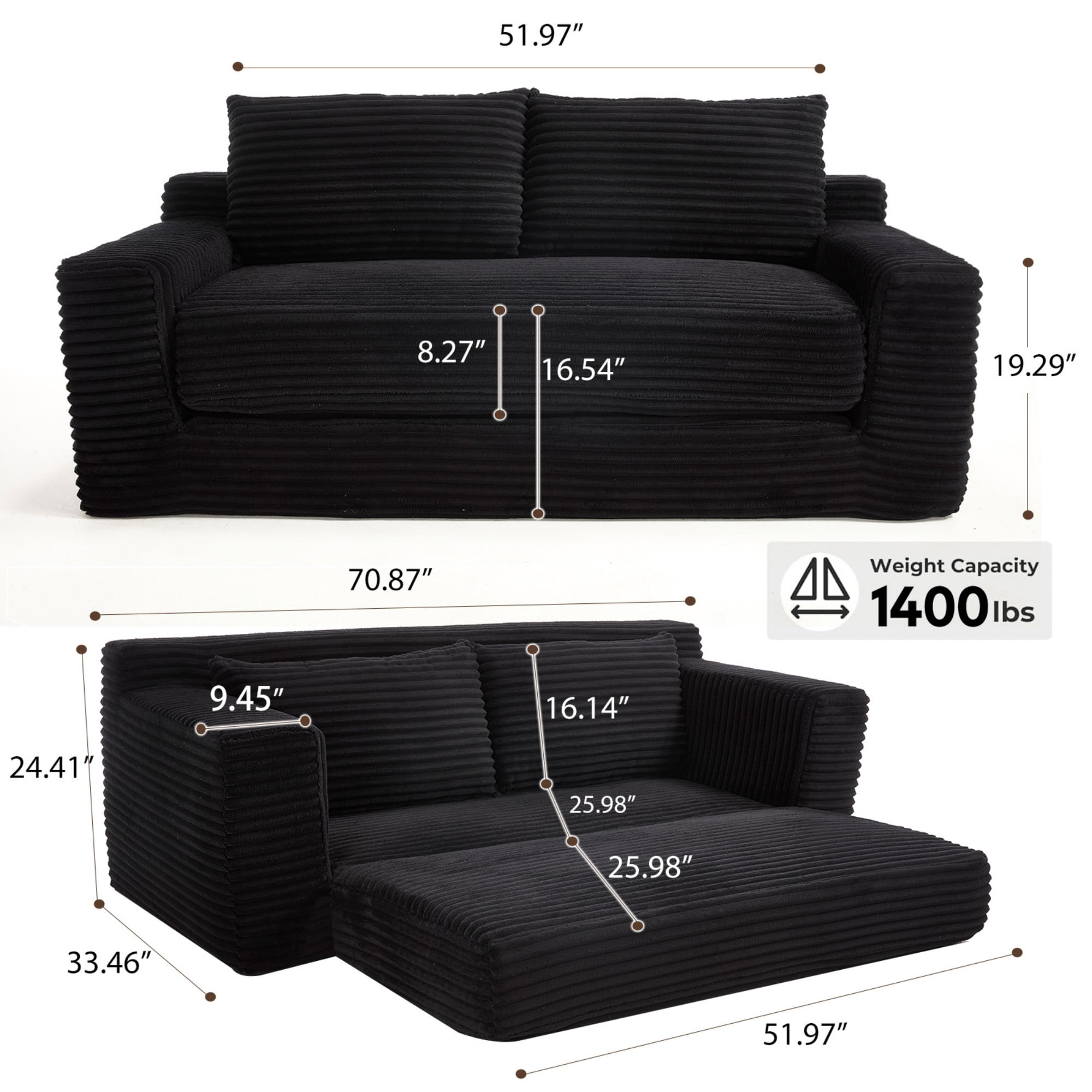 Convertible Sofa Bed,Compression Sofa,Corduroy Fabric Loveseat Sofa Floor Sofa Bed for Small Spaces, Apartments,No Assembly,Black