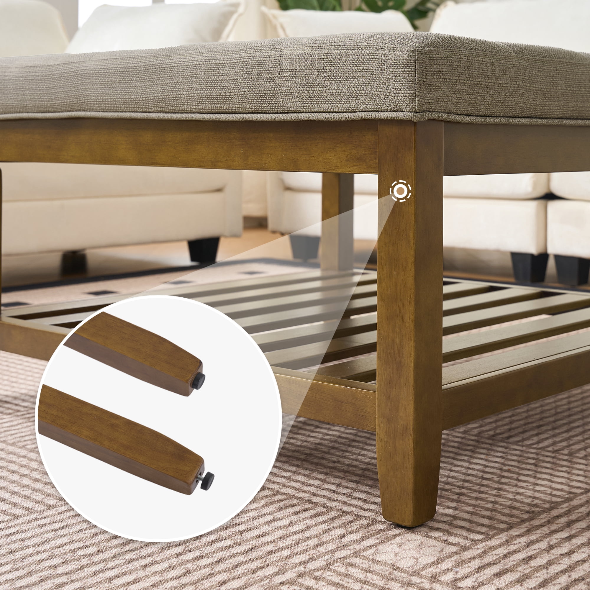 Square Upholstered Ottoman Coffee Table with Storage Shelf, Linen Fabric, Tufted Top, 31.9"x31.9", Beige