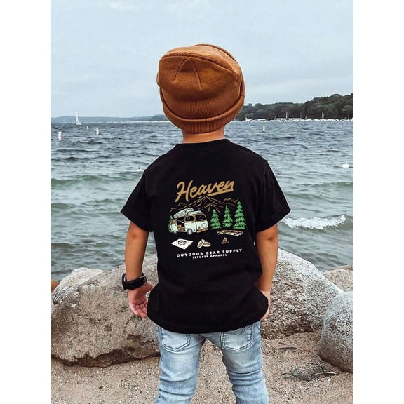 children’s wear Retro Camping Camper Van Kids Graphic T-Shirt, Outdoor Adventure Nature Mountain Boys and Girls Short Sleeve Tee, Cute Toddler Camping Gear Apparel