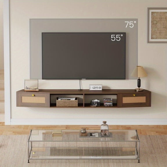 70"x8" Modern Floating TV Cabinet Wall Mounted with Rattan-Woven Drawers & Open Shelf, Space-Saving Design for 55-75 Inch TVs (Dark Brown) - Living Room, Bedroom