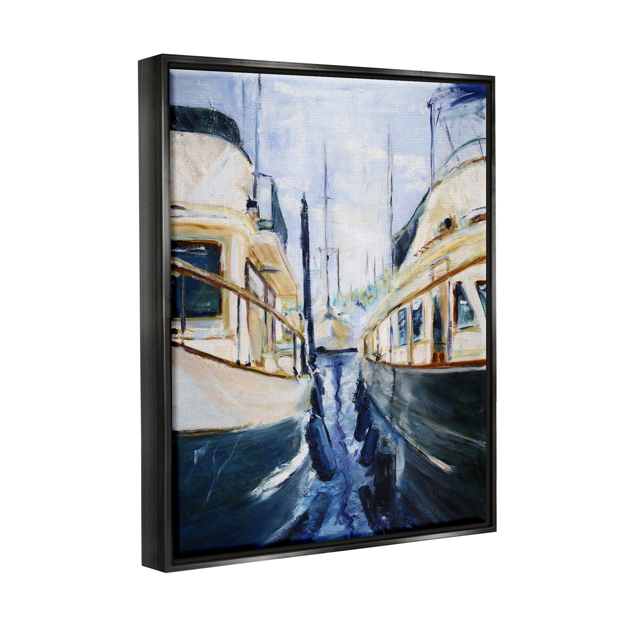 Stupell Industries Marine Harbor Docked Boats Coastal Painting Black Floater Framed Art Print Wall Art