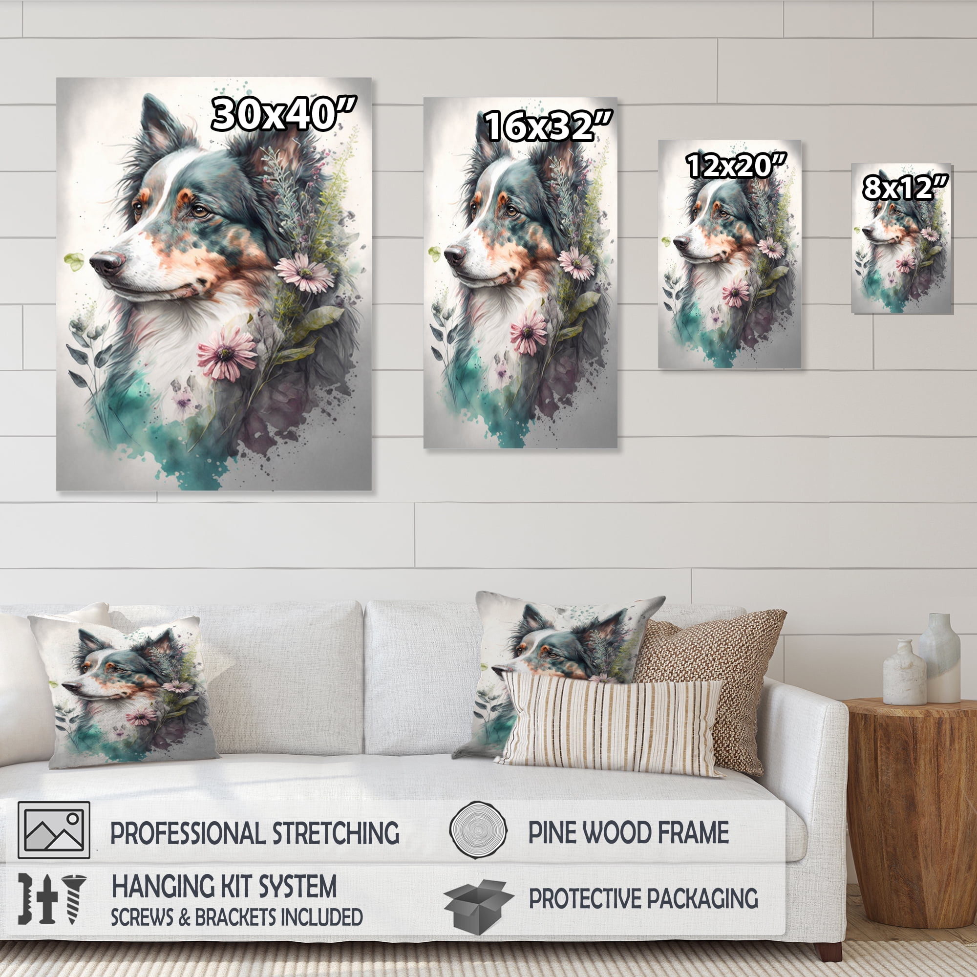 Designart Cute Australian Shepard Floral Art Canvas Wall Art