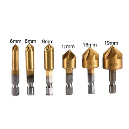 

Goodhd 6Pcs 90°Hex 5 Flute Countersink Drill Bit Set Counter Sink Chamfer Cutter 6-19mm