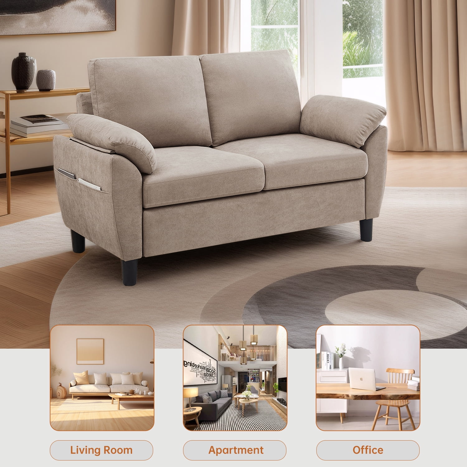 Soscana Loveseat with Storage Side Pockets, 2 Seat Sofa Love Seat Small Couch for Living Room Bedroom Apartment Office Studio,Beige