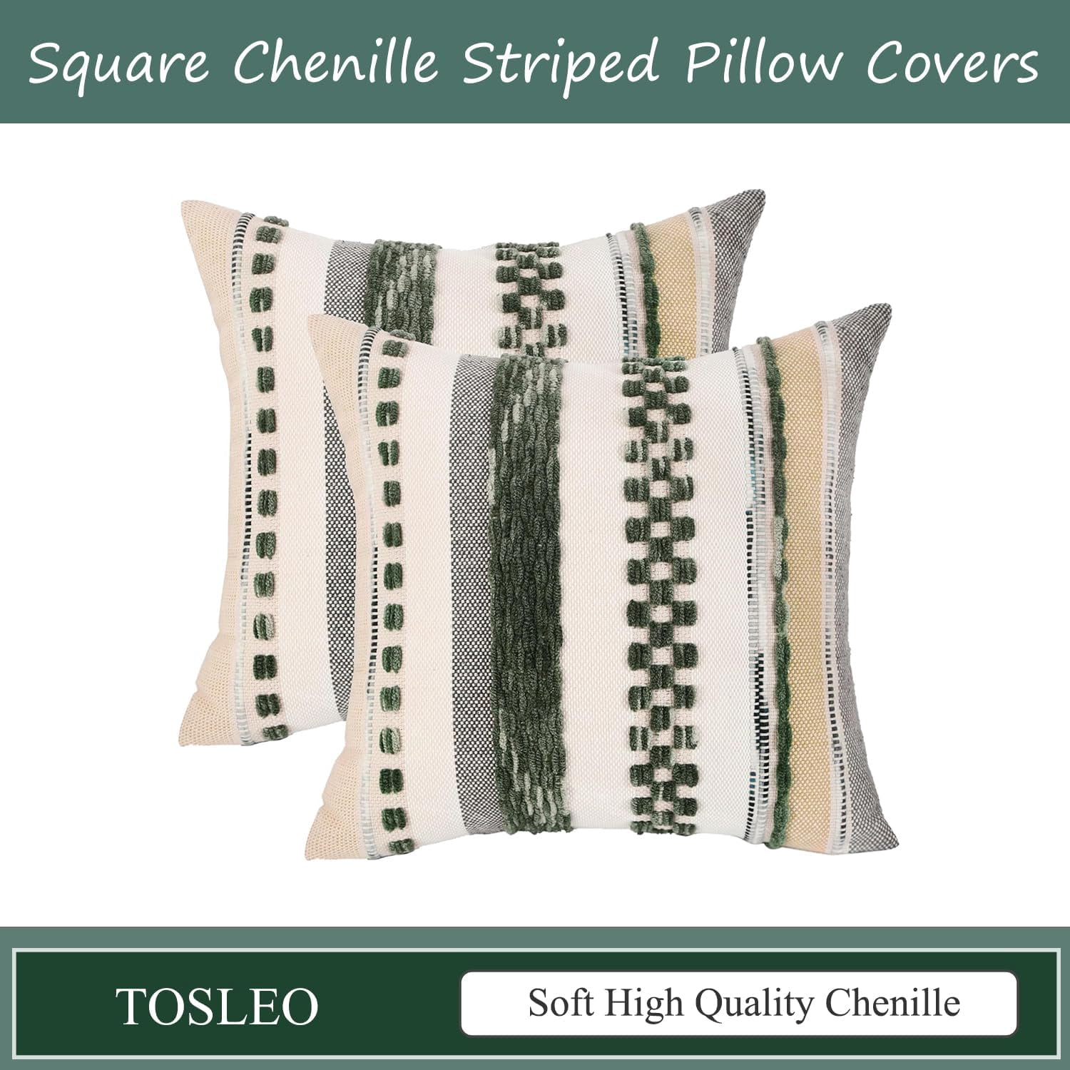 Tosleo Green Accent Pillow Covers 18x18 Set of 2 Boho Throw Pillow Covers Striped Decorative Pillow Cases Soft Chenille Pillow Cases Farmhouse Cushion Case Accent Nuetral Textured Pillow Cover