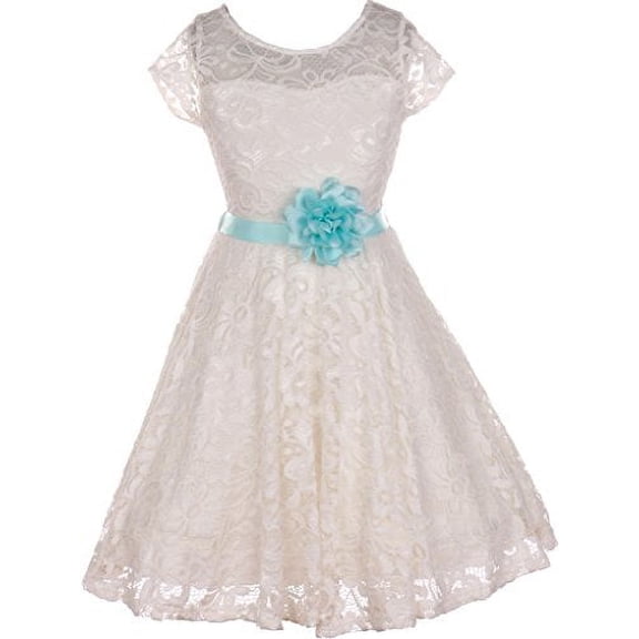 Flower Girl Dress Off White Dress Selection of Belt & Flower for Big Girl Aqua 10 JKS.1988B
