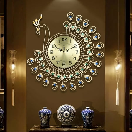 21 inch Non Ticking 3D Large Luxury 40pcs Diamonds Peacock Decorative Clock Crystal Metal Clock Silent Wall Clock for Living Room, Bedroom,