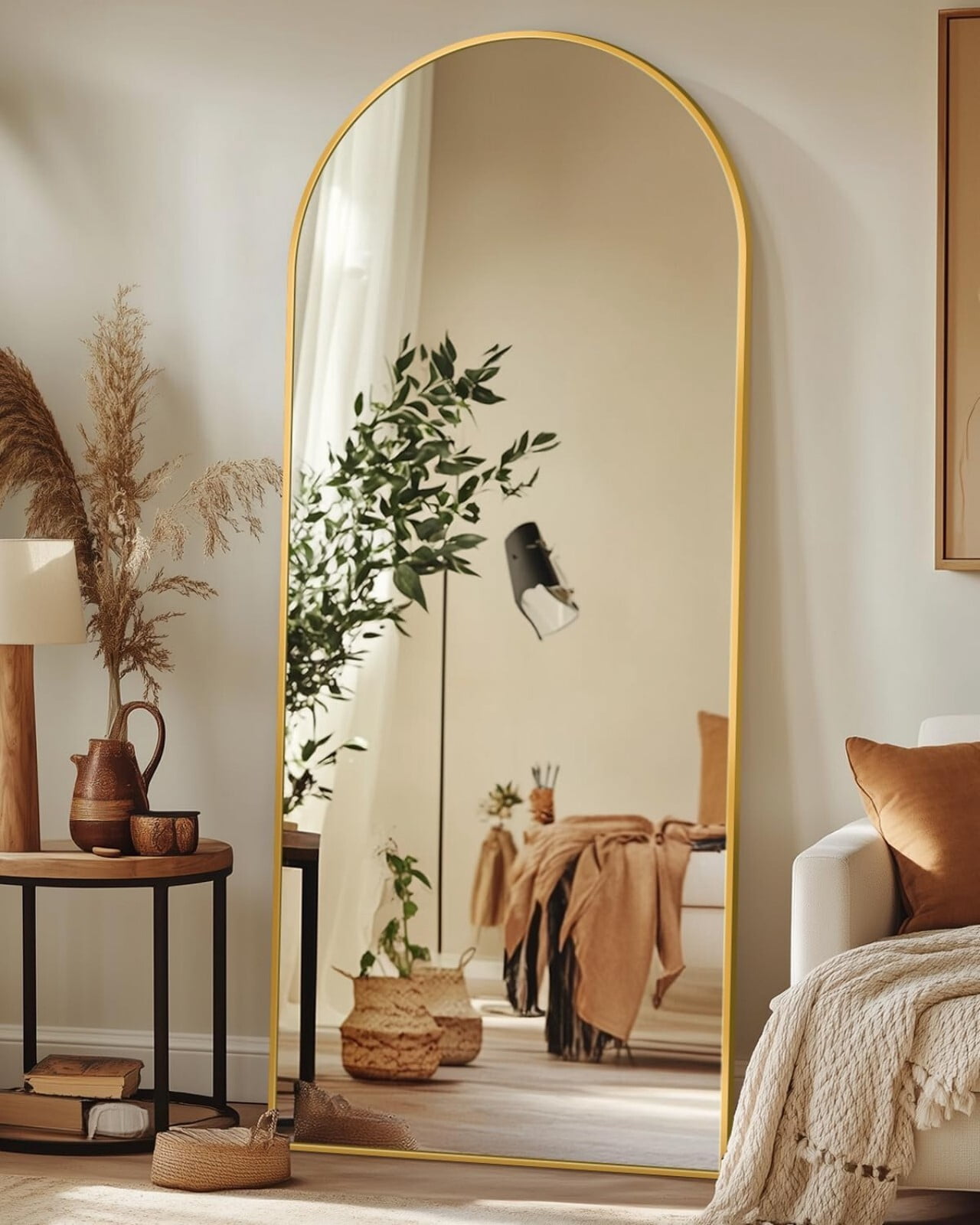 Mirrasia 21.1"x64" Arched Full Length Metal Mirror with stand, Gold