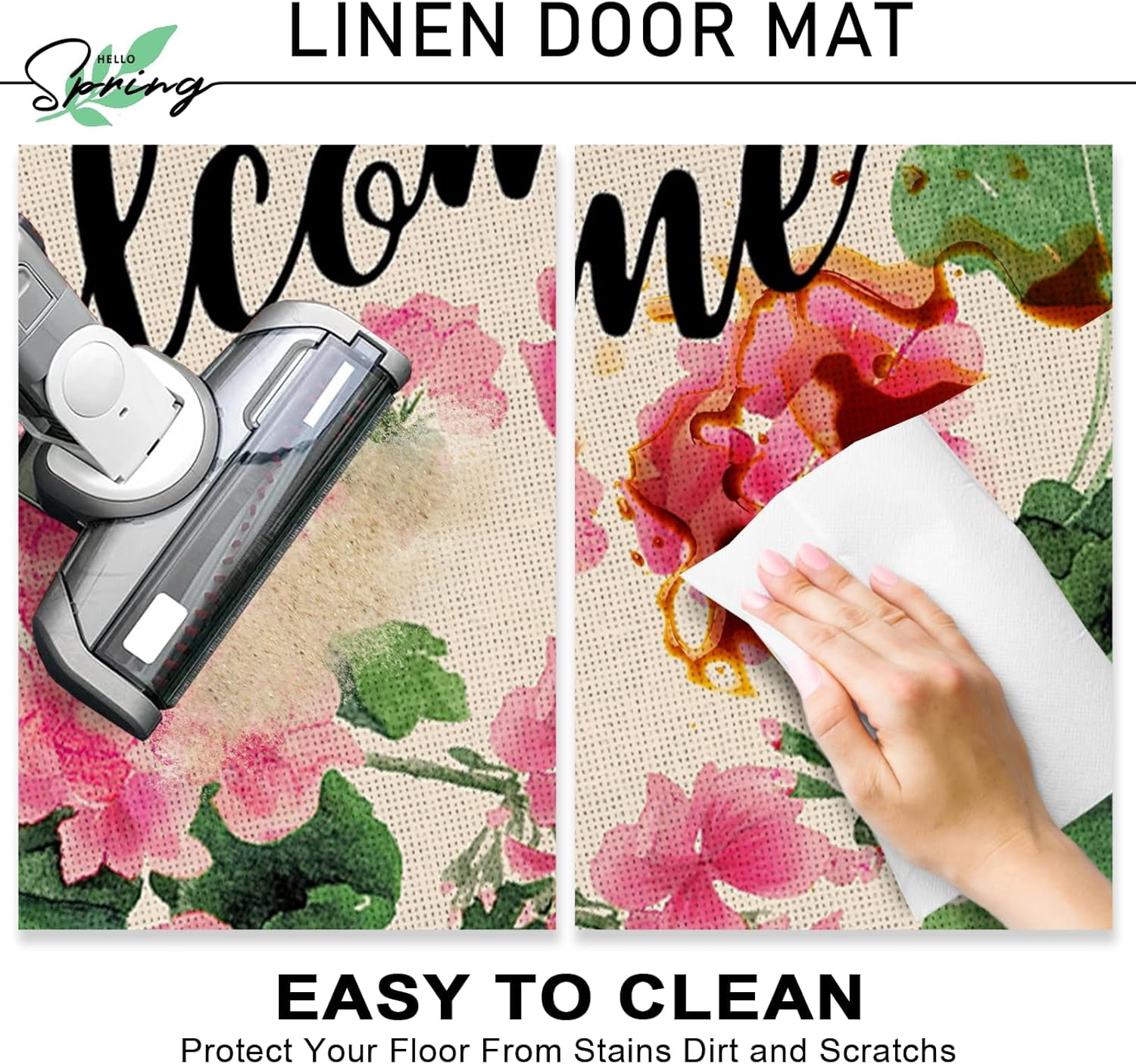 Welcome Spring Summer Geranium Flower Decorative Front Door Mat, Pink Floral Doormat Indoor Outdoor Non-Slip Floor Entryway Rug, Seasonal Home Kitchen Decoration 17x29 Inch