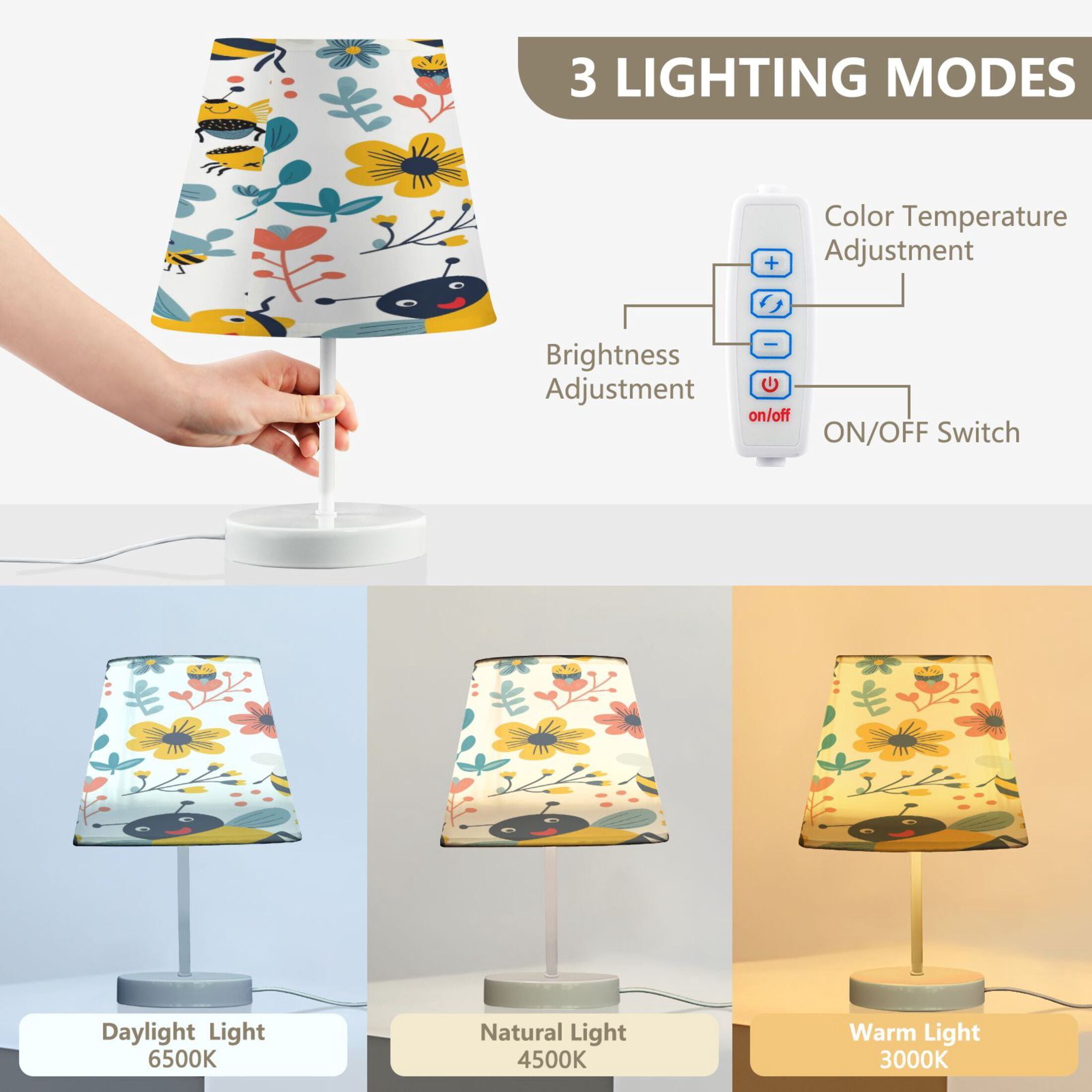 Cartoon Bee with Plants Desk Lamp LED Table Nightstand Lamps with 3 Color Temperatures for Home Bedroom Living Room Decor 8x12