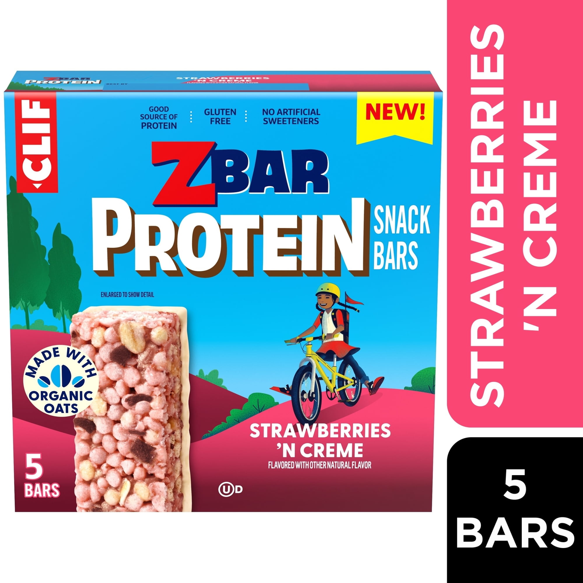 Zbar Protein Strawberries 'N Creme Snack Bars, Gluten Free Protein Bars, Snacks for Kids, 5 Count