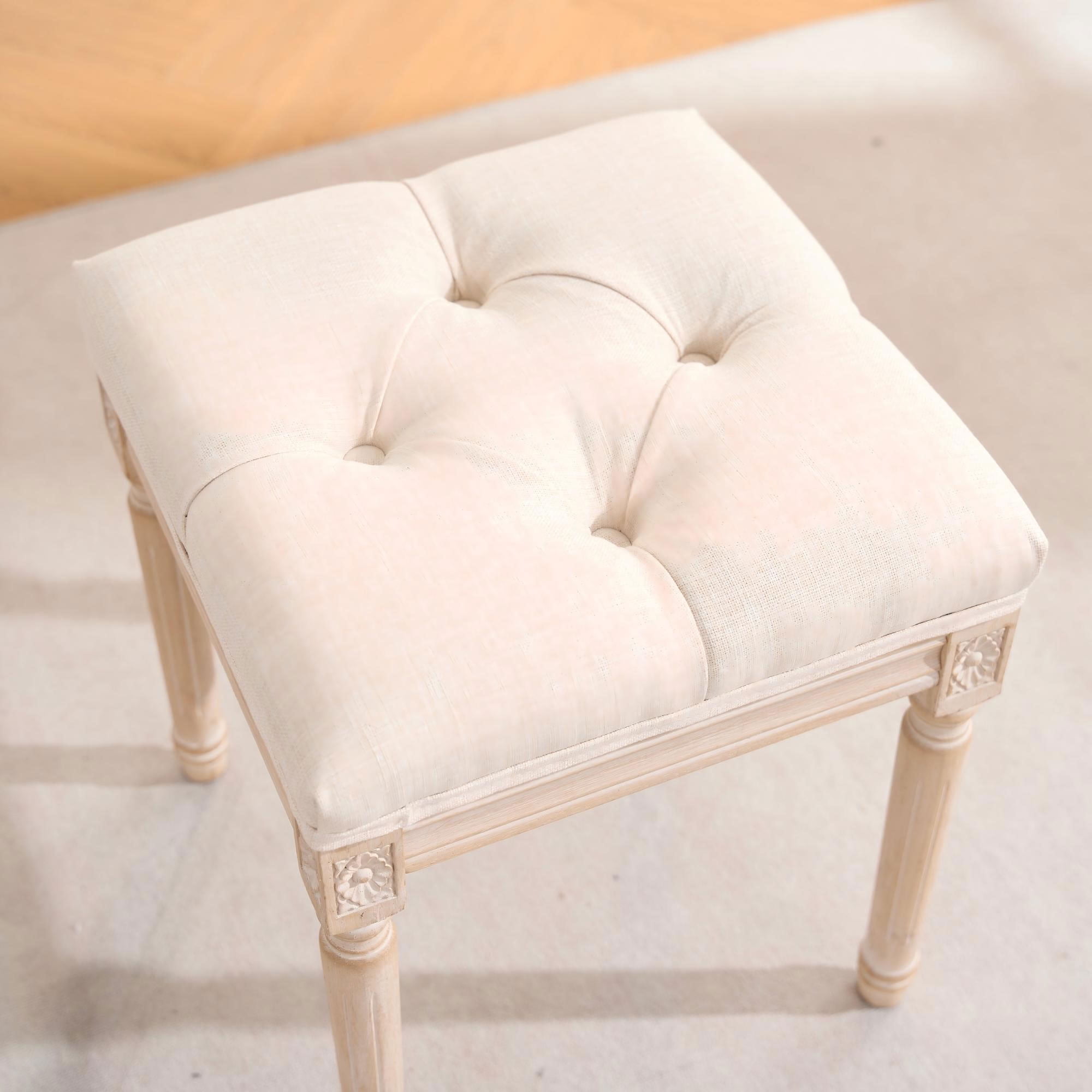 MAYEERTY Tufted Linen Vanity Stool, Square Upholstered End of Bed Bench Entryway Foot Stool for Bedroom Bathroom