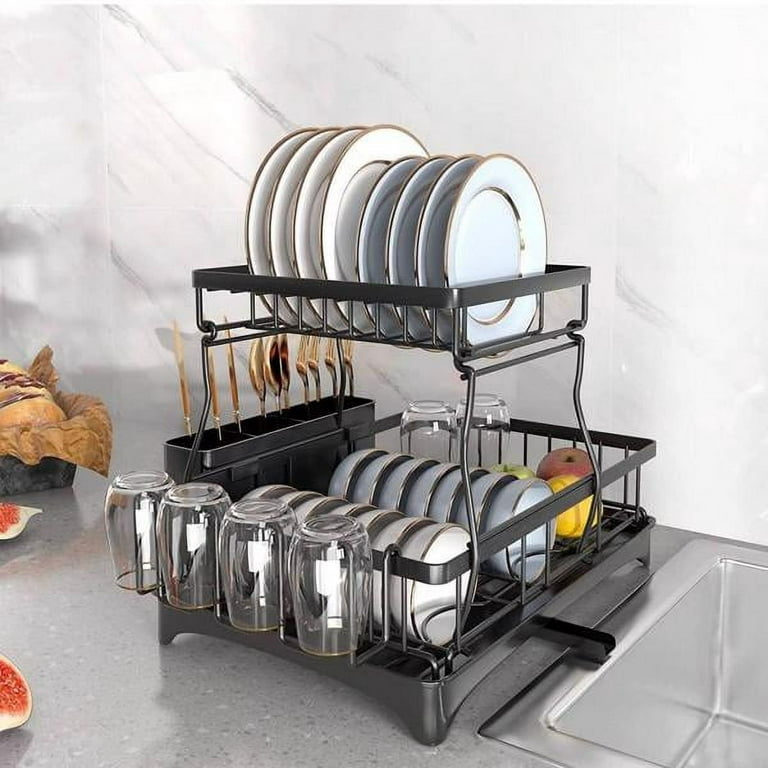 Over The Sink Dish Drying Rack With Door 3 Tier Adjustable Height Stainless  Steel Large Over The Sink Dish Rack With Utensil Holder, Knife Holder For