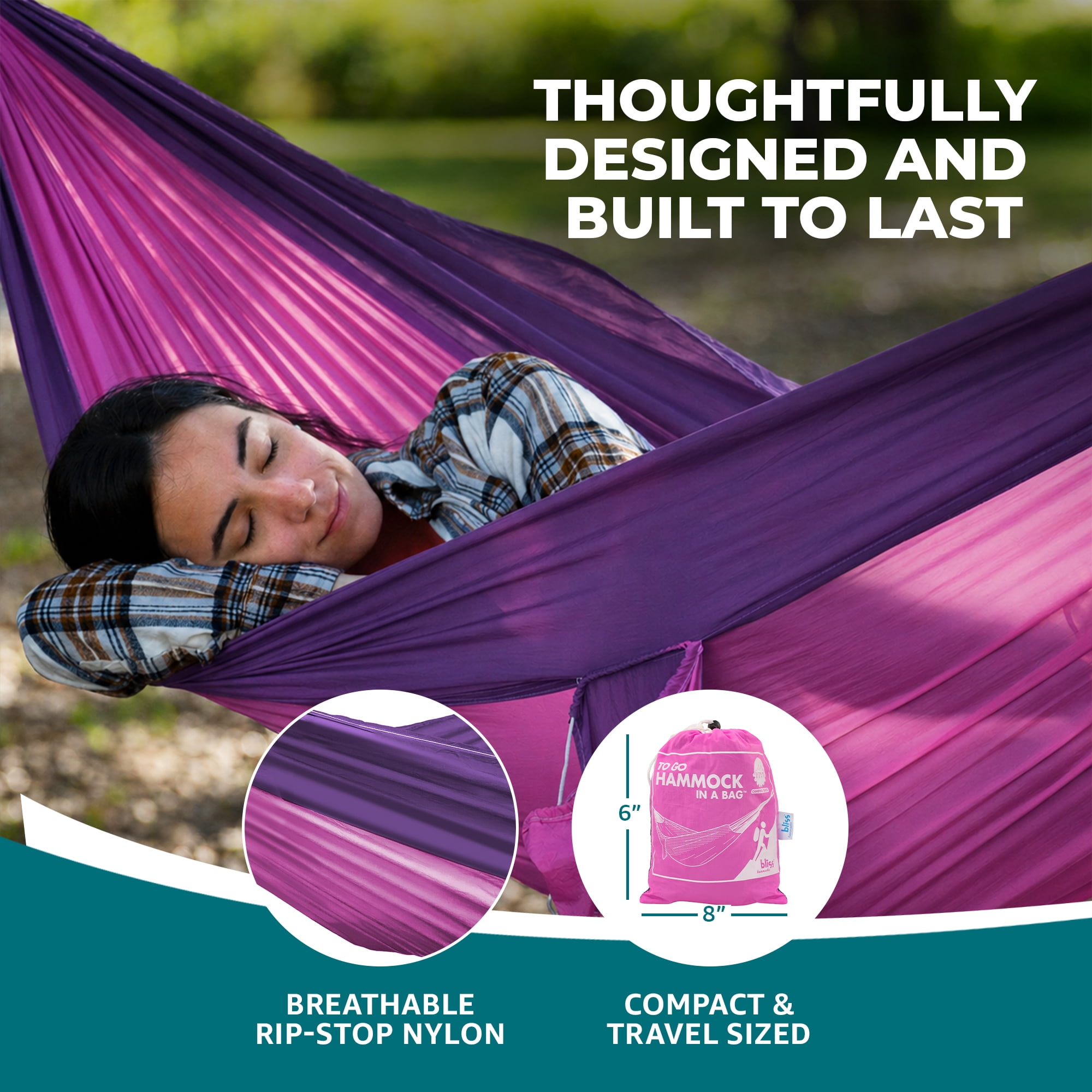 Bliss Hammocks Hammock in a Bag with Carabiner Hooks and Tree Straps, Pink Purple