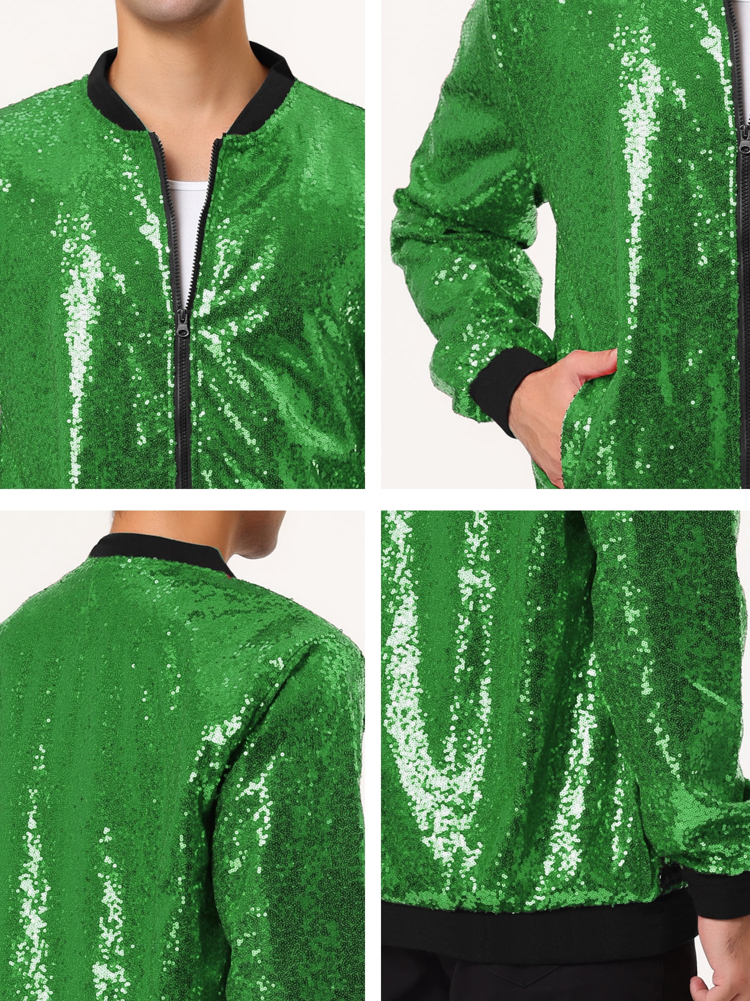 Unique Bargains Men's Long Sleeves Sequin Varsity Zipper Bomber Jacket S Light Green