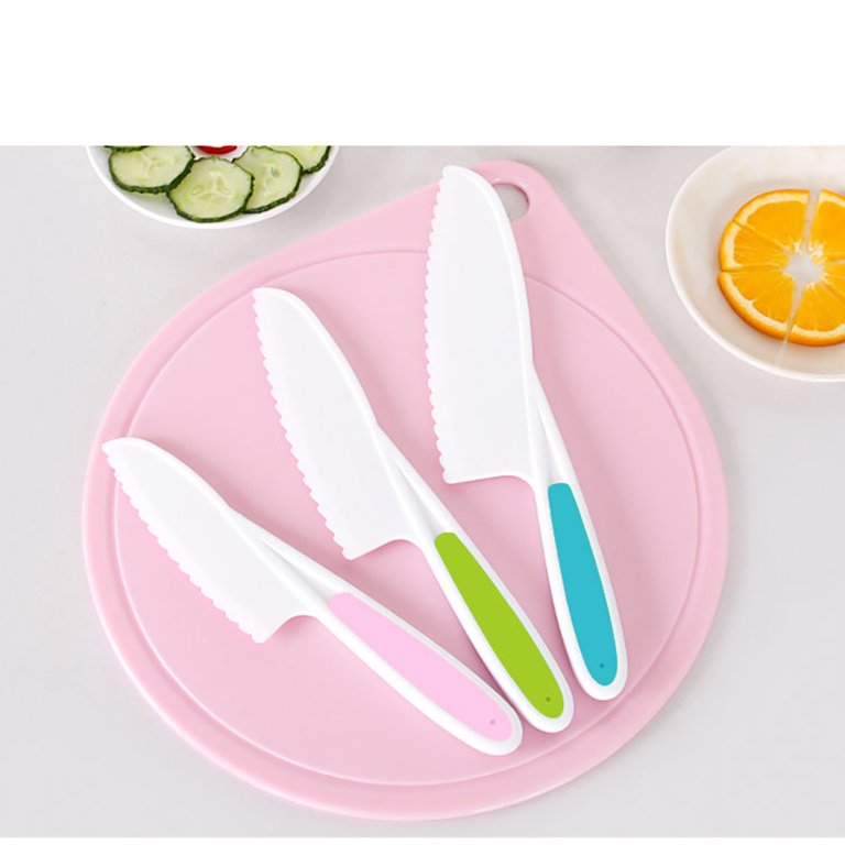 Colorful Set of 3 Kitchen Knives for Kids, Non Slip Nylon Kitchen Baking  Knife Children Cooking Chef Knives with Safe Serrated Blade for Vegetables,  Fruits, Salad, Cake 