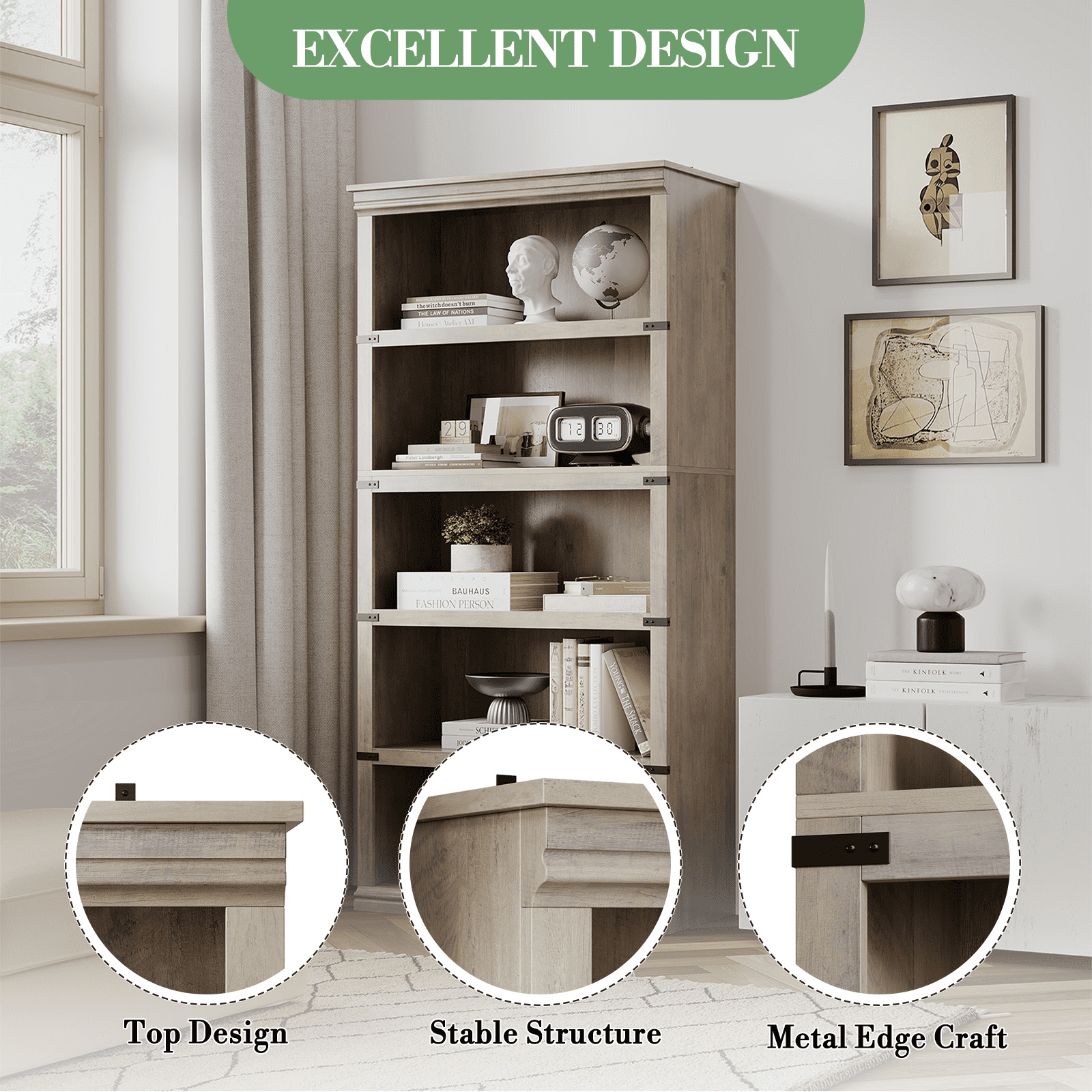 Goldensoil 67" Tall 5 Shelf Wood Bookcase, Farmhouse Floor Standing Display Storage Shelves,Grey