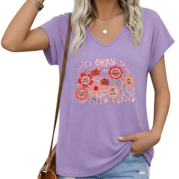 UNISHE Womens V-Neck Cap Sleeve Graphic Tee It's Okay To Be You Loose Fit T-Shirt Casual Daily Top