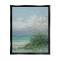 Ocean Waves Beach Reeds Coastal Painting Jet Black Framed Art Print Wall Art
