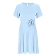 thumbnail image 5 of Summer Savings Clearance 2025! Loopsun Womens Dresses, Summer Dresses for Women, Fashion Women Solid Color Short Sleeve Round Neck Back Waist Lace Up Fold A-line Skirt Dress Light Blue M, 5 of 5