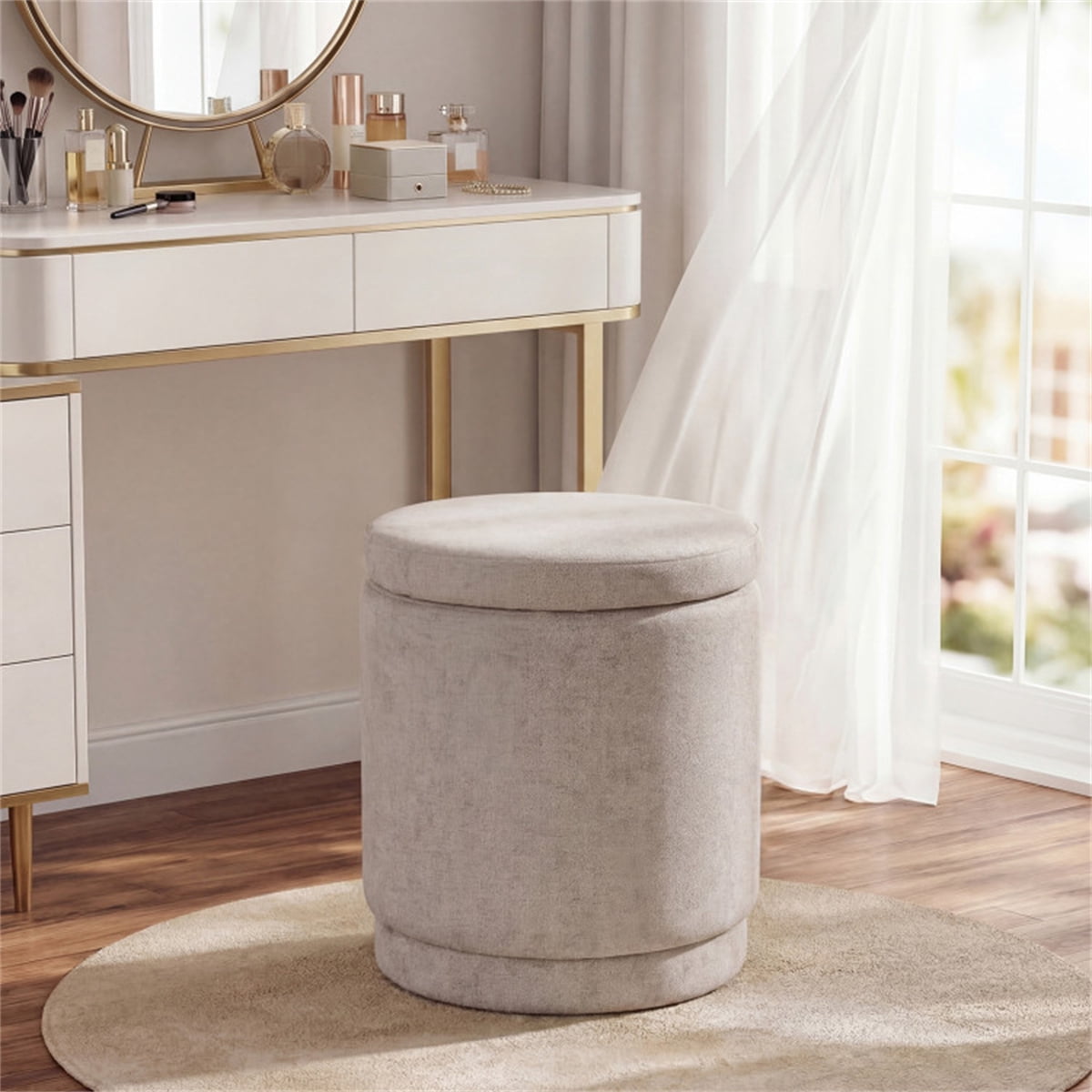 18 Inch Beige Storage Ottoman Foot Rest Acacia Wood Frame