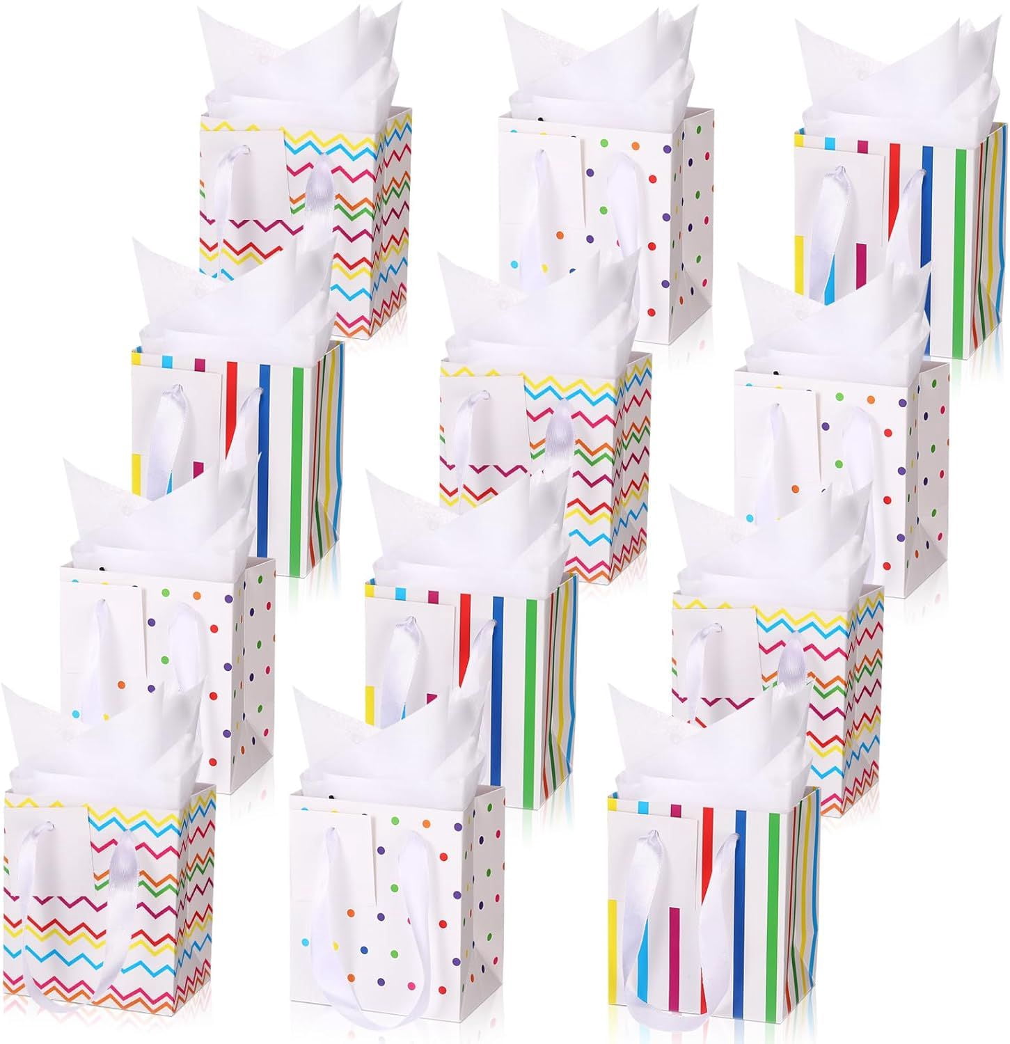 12 Pcs Small Gift Bags Mini Metallic Paper Bag Bulk Tiny with Handle Tissue Paper for Wrap Christmas Thanksgiving Halloween Birthday Party Favor Supply, 4 x 2.75 x 4.5 Inch