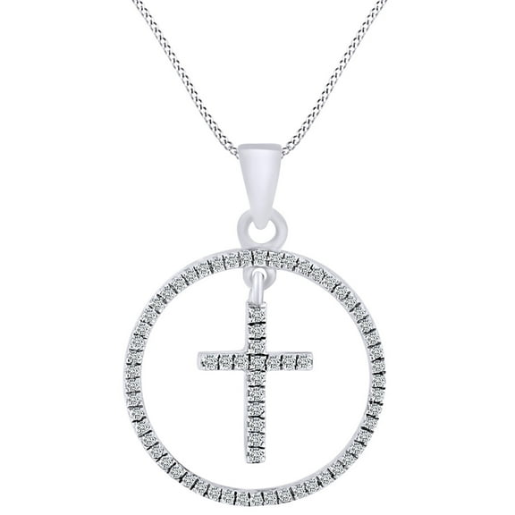 AFFY 1/4 Carat Round White Natural Diamond Circle Cross Pendant Necklace 10k Solid White Gold (0.25 Cttw)