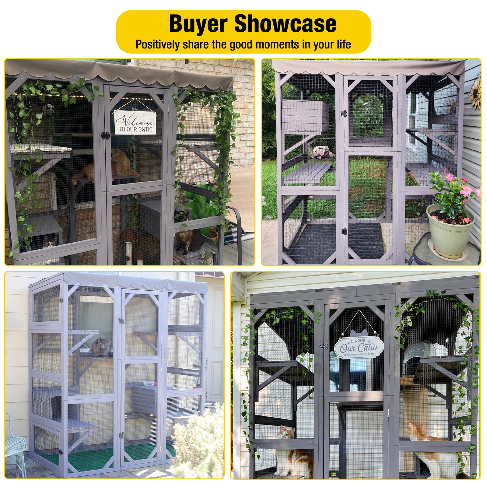 Aivituvin Cat House Outdoor Catio Kitty Enclosure, Wooden Cat Cage Condo Indoor Playpen with Large Enter Door and Platforms for Kittens