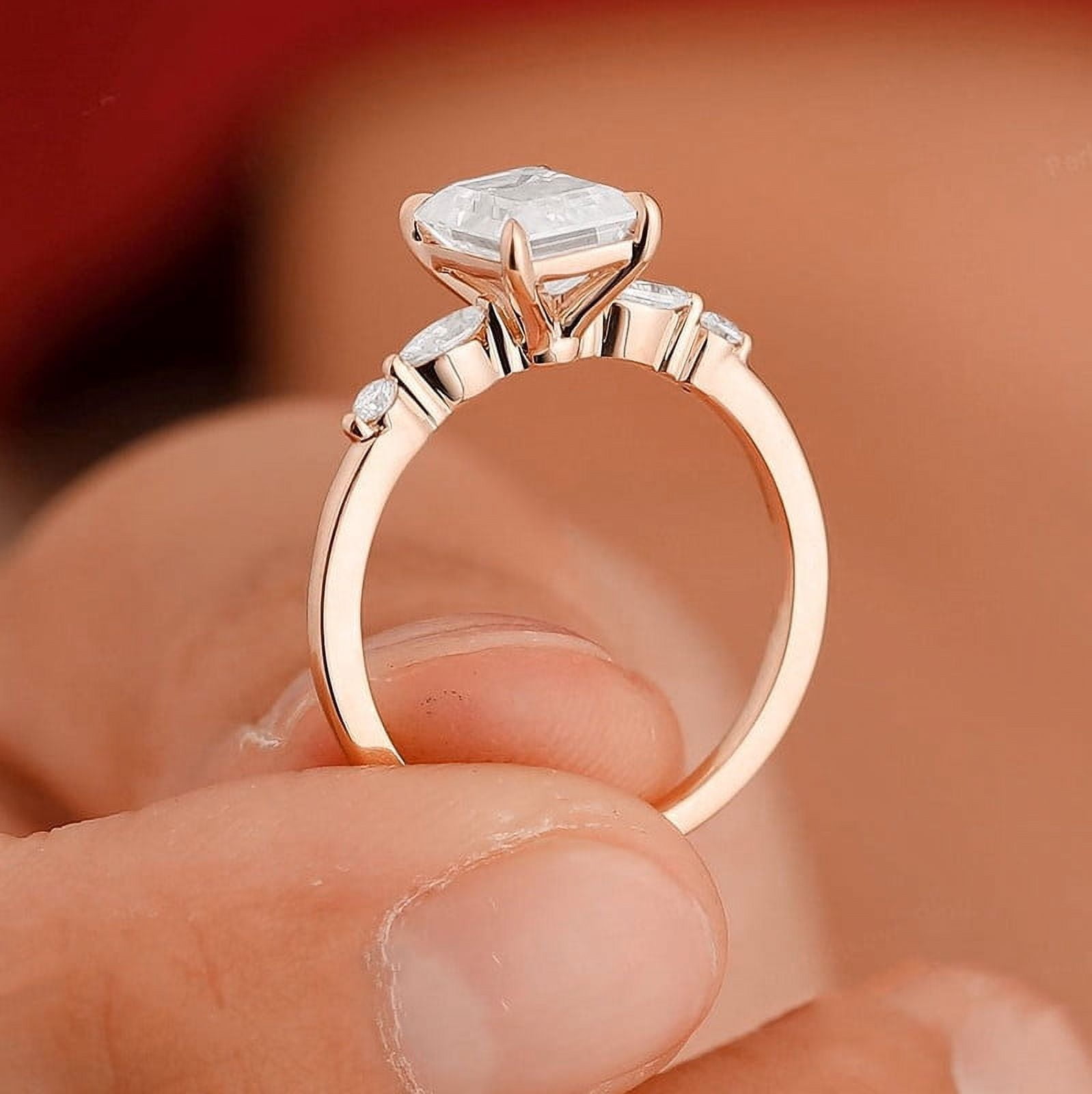 solitaire jewels 5 Stone 2CT Emerald Moissanit Solitaire Engagement Ring For Women, 14K Rose Gold