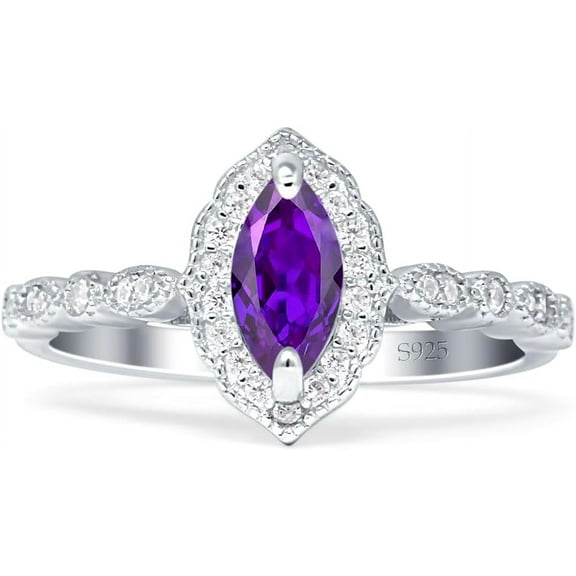 Art Deco Engagement Ring Amethyst Cubic Zirconia White Tone 925 Sterling Silver, Size 5